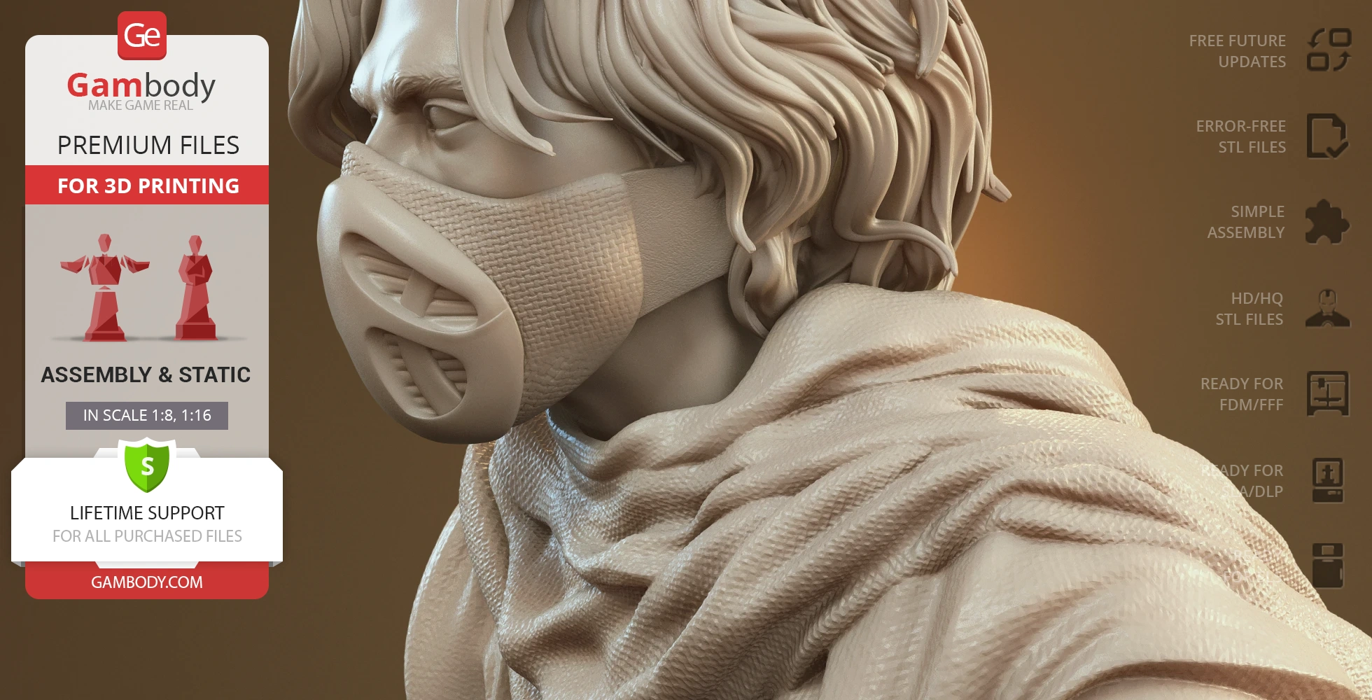 A detailed 3D model bust of a person wearing a textured face mask and flowing cloak.