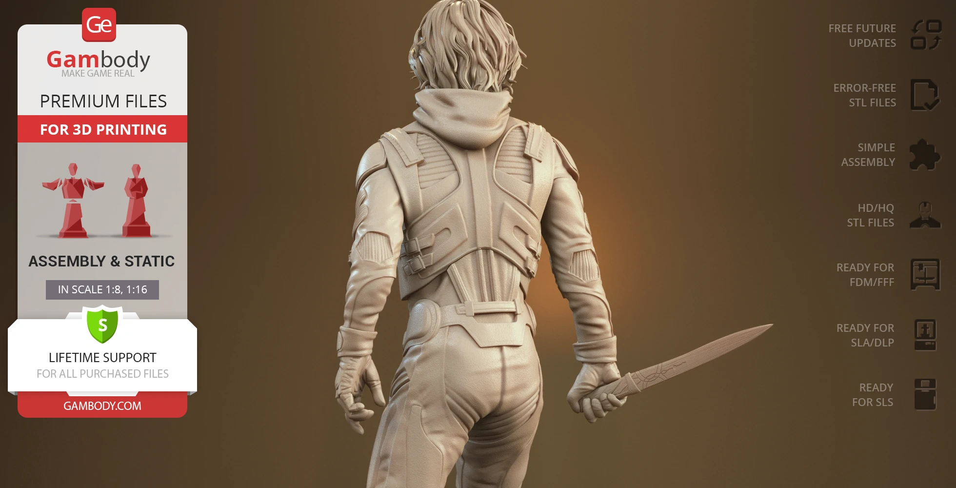 3D model of a warrior in armor holding a knife, seen from behind, ready for 3D printing.
