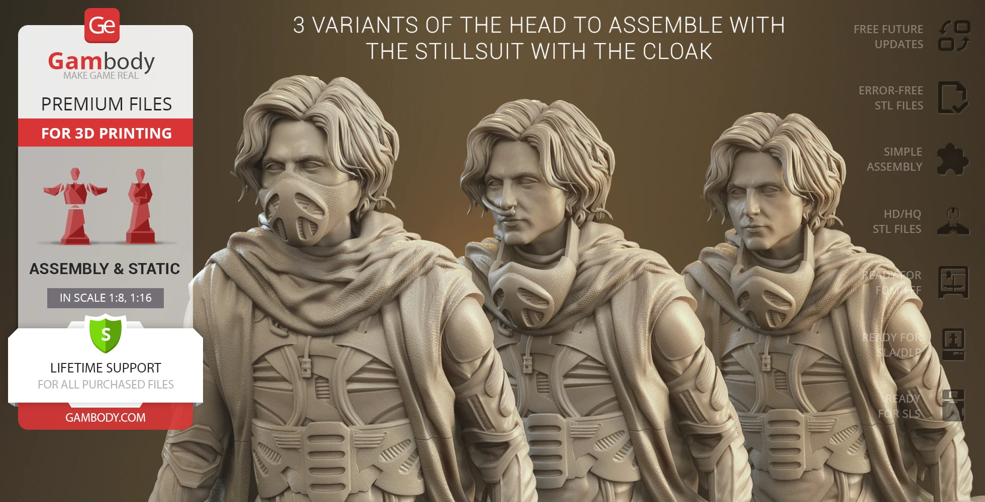 Three 3D printed models of a character with a cloak and suit, featuring different head variants.