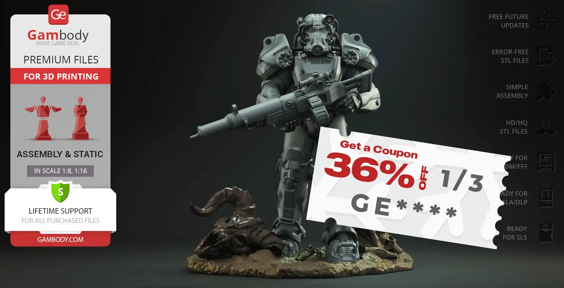 A detailed T-60 Power Armor figure holding a weapon, with a base featuring a defeated creature head.