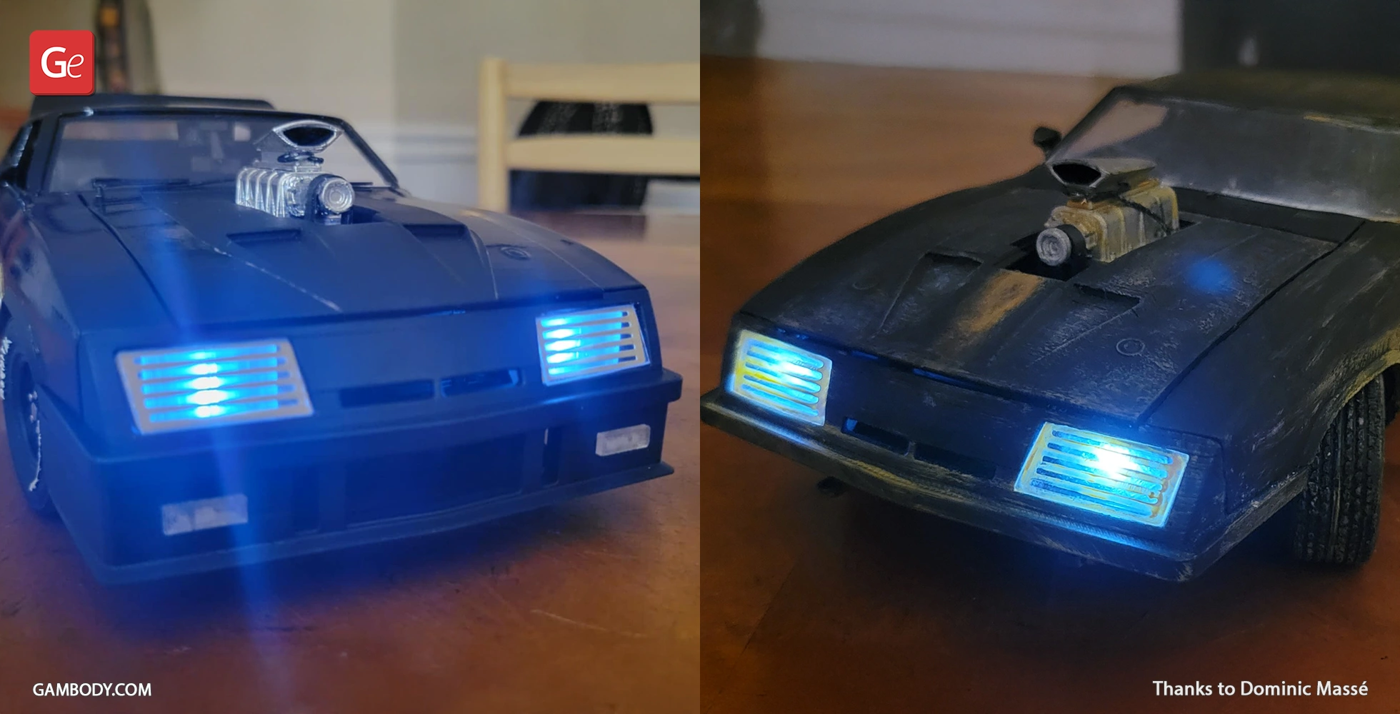 3D printed Ford Falcon XB model with lit blue headlights, detailed engine on the hood.