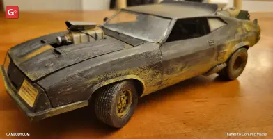 3D-printed Ford Falcon XB model, rugged and weathered, with detailed engine and body features.