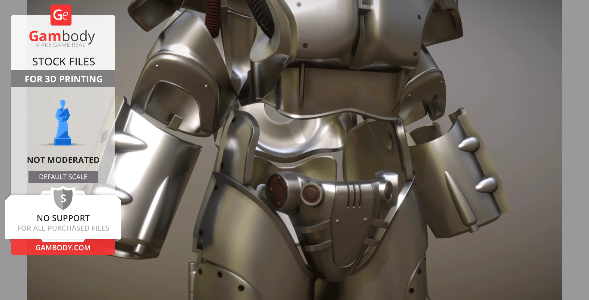 Metallic Fallout Power Armor X01 3D model STL files for printing, showcasing intricate armor details.