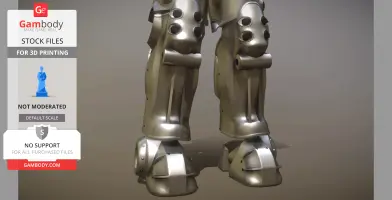 A detailed 3D model of Fallout Power Armor X01 legs, featuring robust metal plating and joint mechanisms.