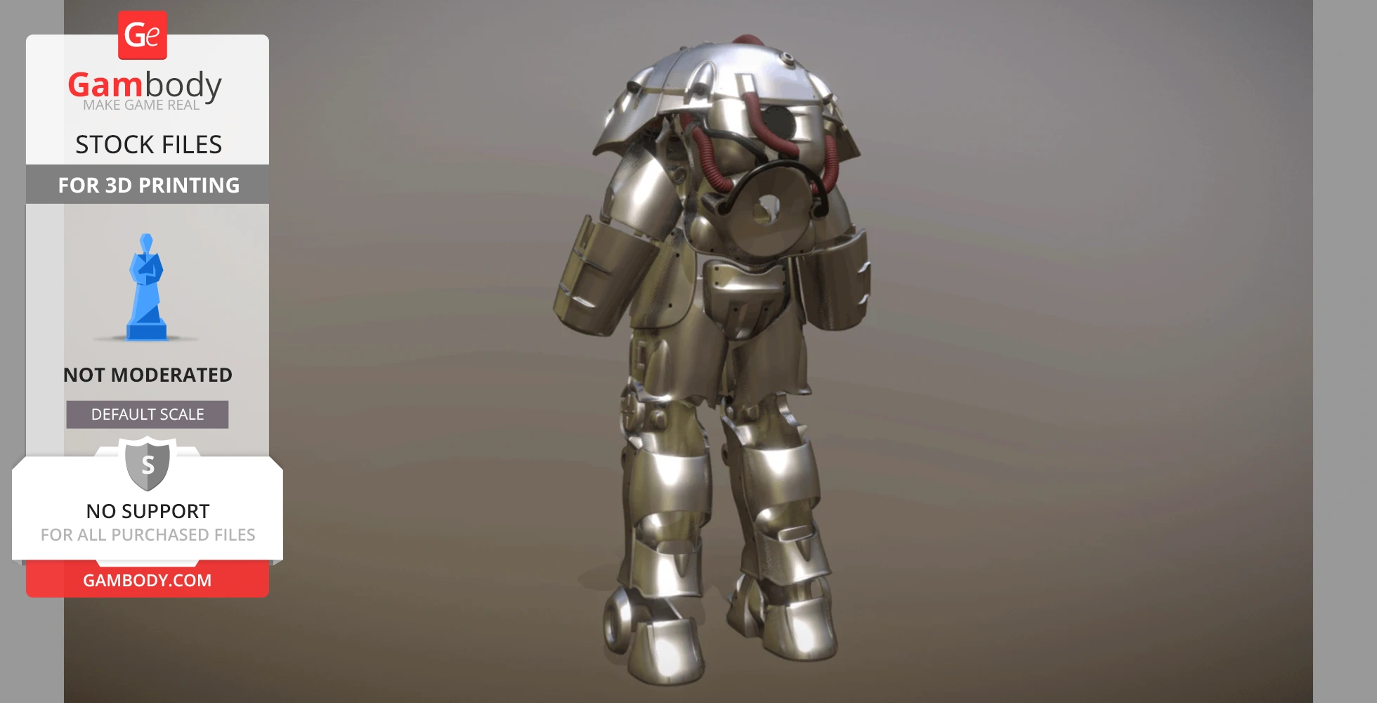 A detailed 3D model of Fallout's X-01 Power Armor for 3D printing, showcasing its metallic design.