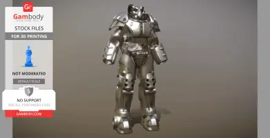 A 3D model of Fallout Power Armor x01, designed for 3D printing, showcasing its detailed metallic structure.