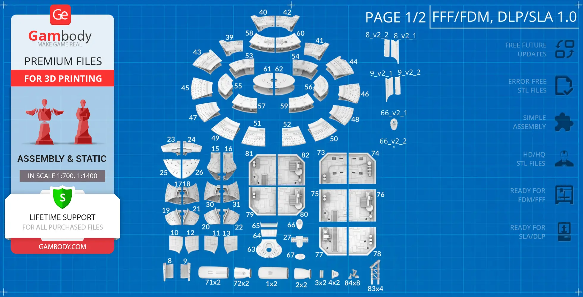 Labeled 3D print parts for USS Enterprise NCC-1701-D model on blueprint background.