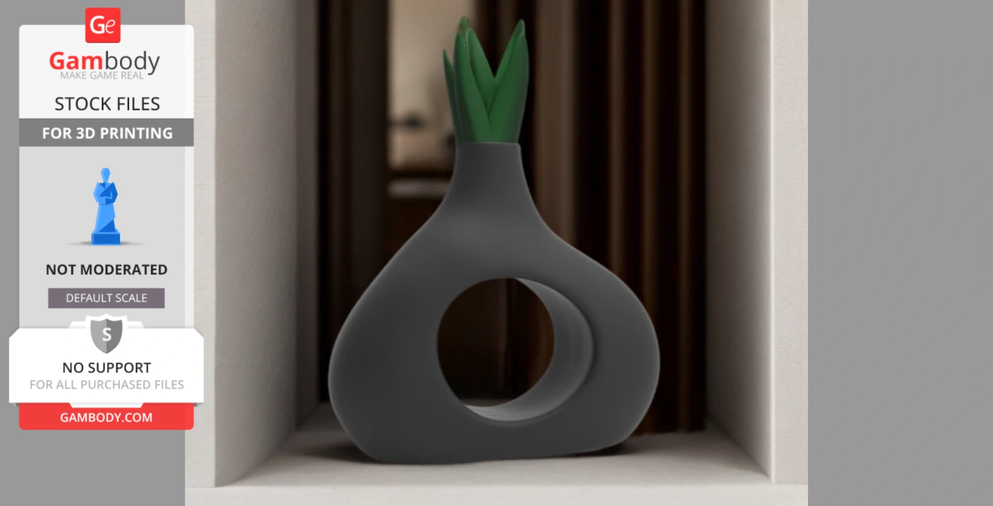 A modern vase with a circular cutout and green plant-like details on top, set in a niche.