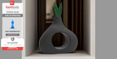 A modern vase with a circular cutout and green plant-like details on top, set in a niche.