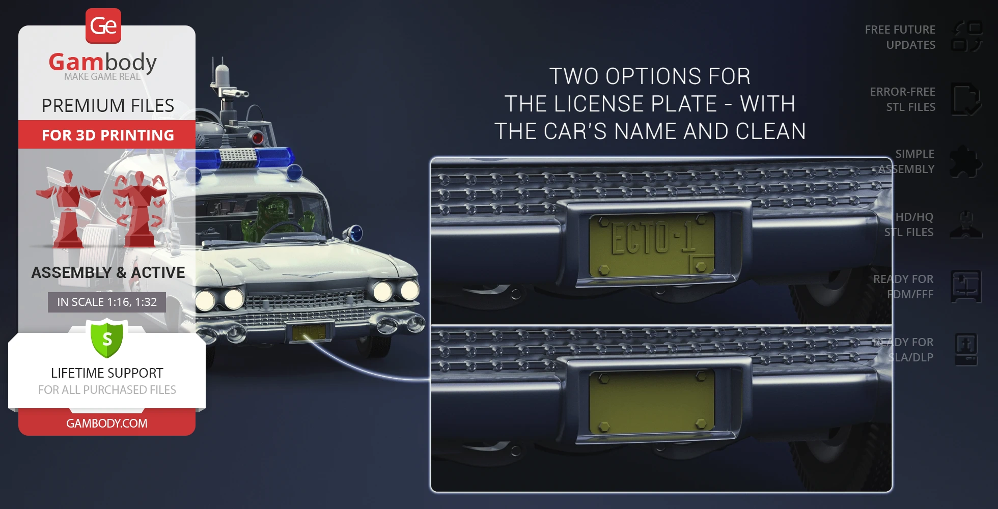 Detailed 3D model of Ghostbusters' Ecto-1 car, showing license plate options for 3D printing.