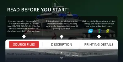 Instructions for 3D printing Ghostbusters' Ecto-1 model, with tabs for source files, description, and details.