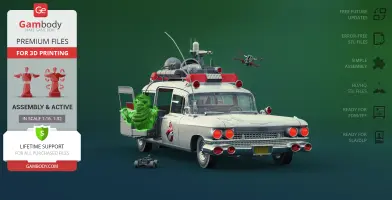 Ecto-1 car model from Ghostbusters with doors open, revealing a green ghost, ready for 3D printing.