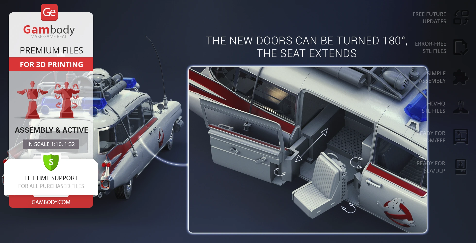 Classic Ghostbusters Ecto-1 car model showing detailed doors and extendable seat for 3D printing.