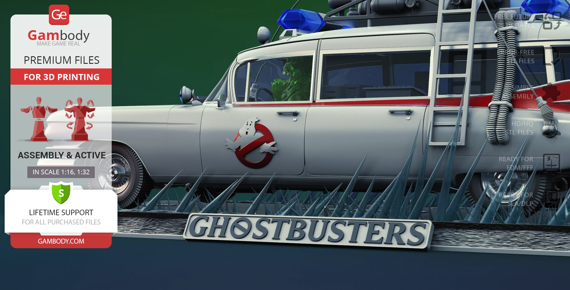 Ghostbusters' Ecto-1 3D model with detailed roof equipment and iconic logo on the door.