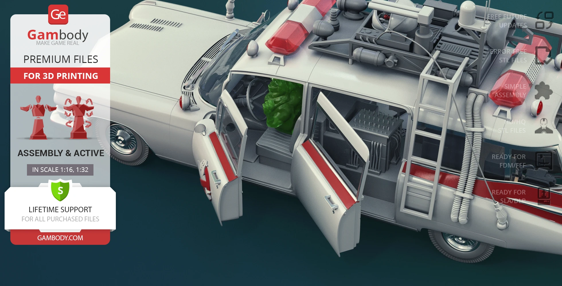 Detailed 3D model of the Ecto-1 from Ghostbusters, with open doors and interior view, for 3D printing.