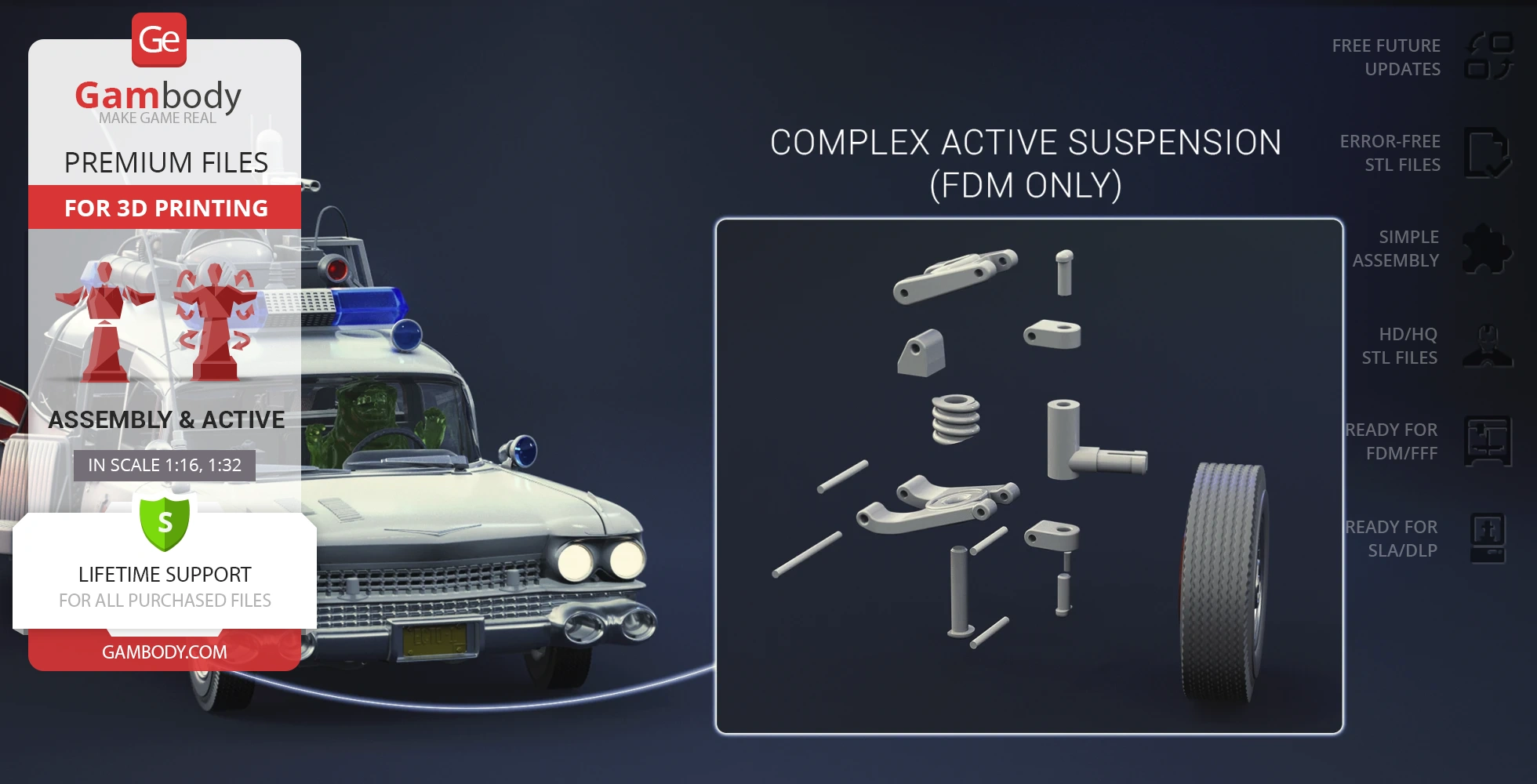 A 3D model of the Ecto-1 from Ghostbusters with complex active suspension parts for printing.