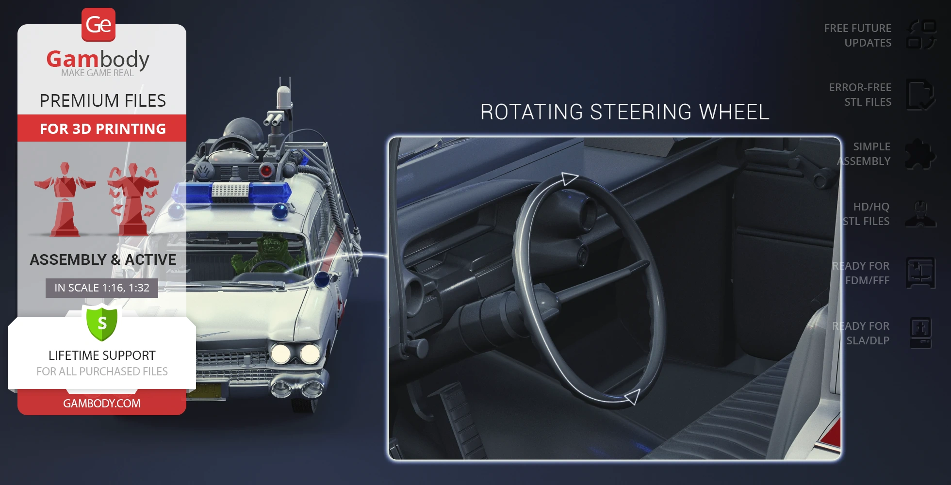 3D model of Ecto-1 from Ghostbusters, featuring detailed interior with a rotating steering wheel.