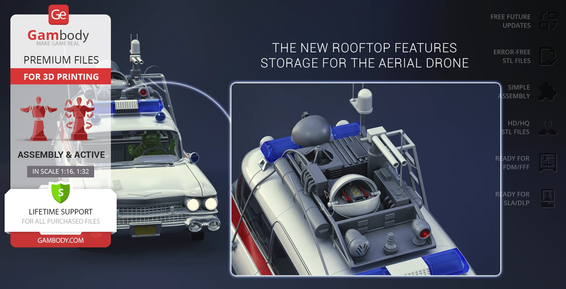Detailed 3D model of Ecto-1 car roof with drone storage, designed for 3D printing.