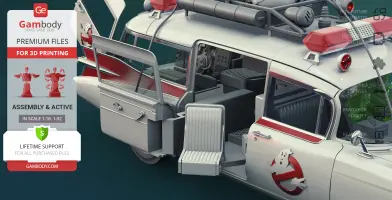 A detailed 3D model of the Ecto-1 vehicle from Ghostbusters, showcasing open doors and interior elements.