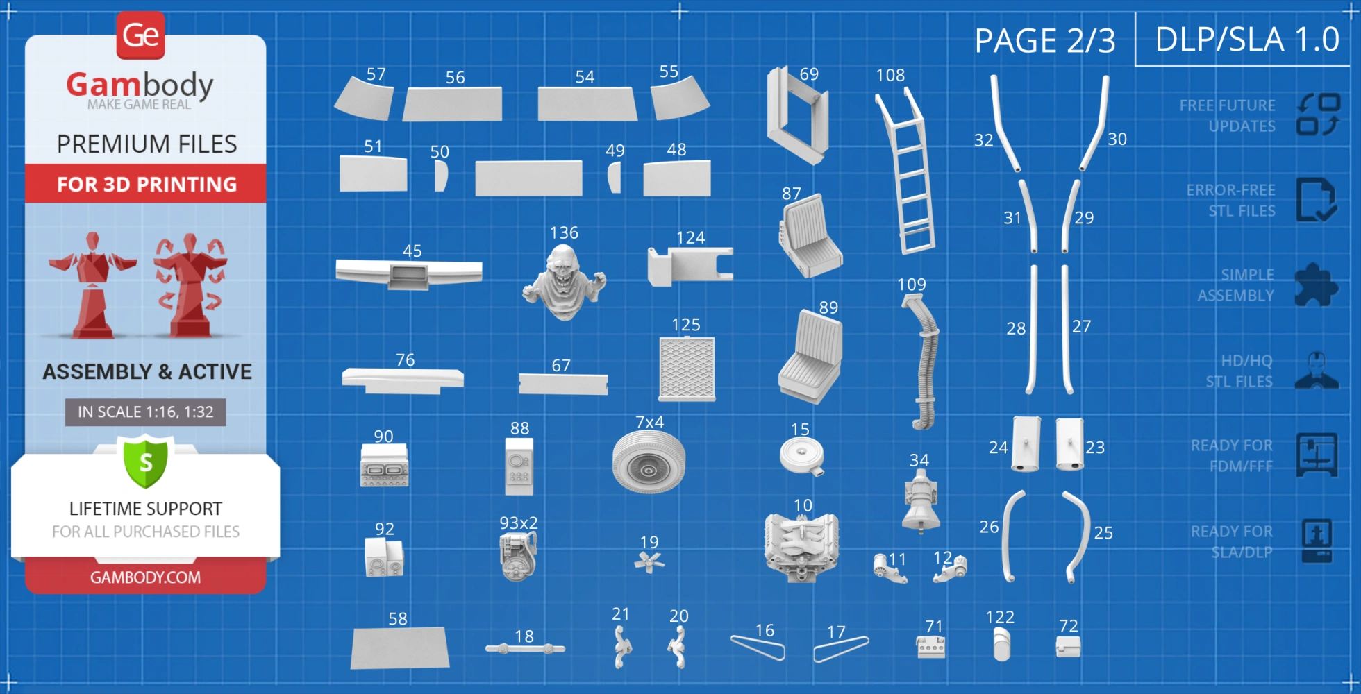 Blueprint layout of Ecto-1 car parts for 3D printing, featuring various components and assembly instructions.