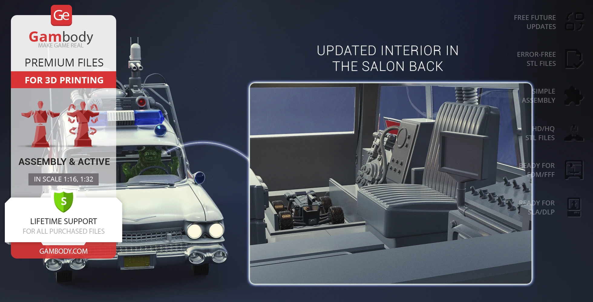 Ghostbusters Ecto-1 car 3D model with detailed interior for 3D printing, shown in assembly format.