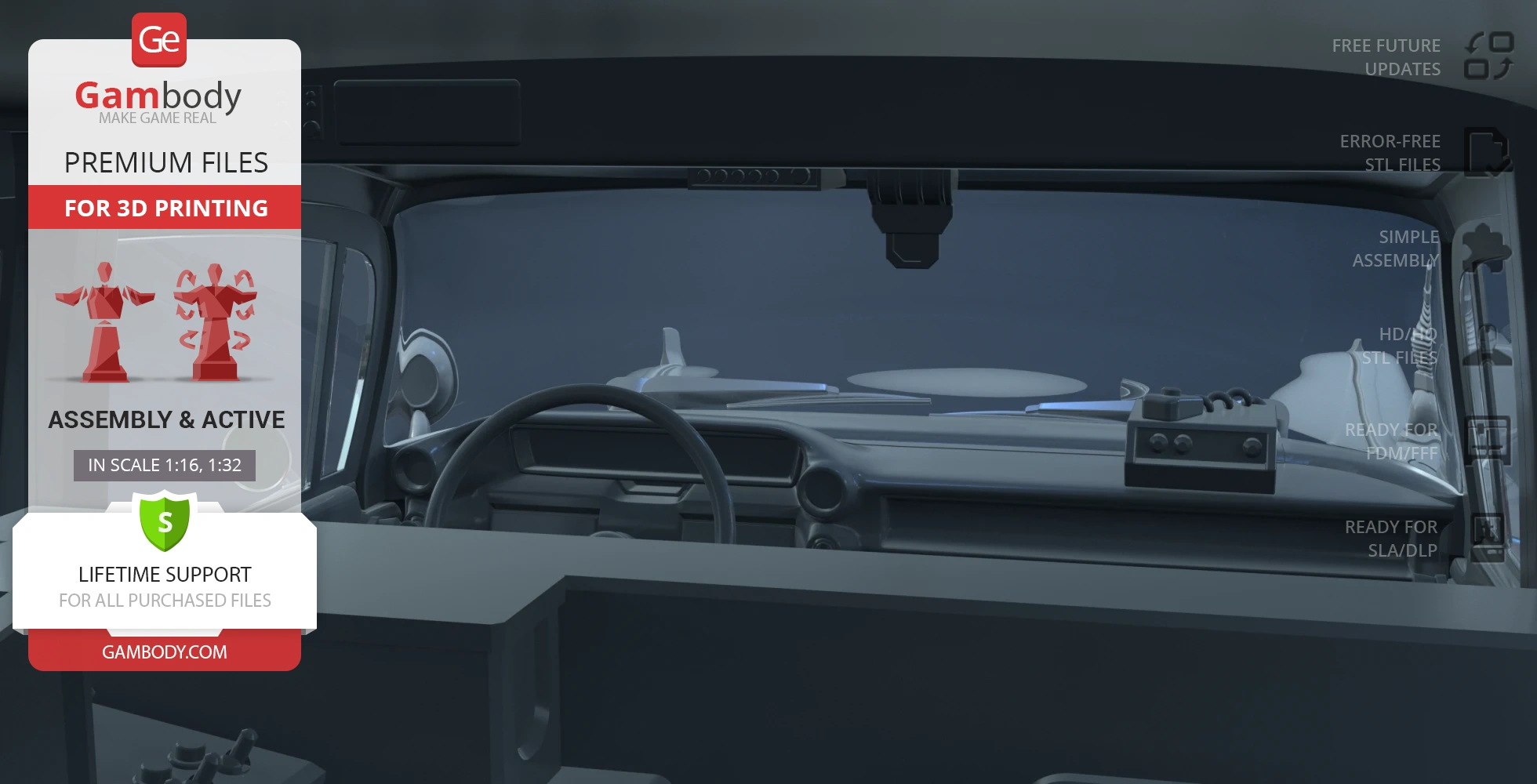 Interior of a 3D model car dashboard, viewed from the back seat, for 3D printing by Gambody.