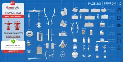 Layout of 3D printing parts for Ecto-1 vehicle model, arranged on a blueprint background.