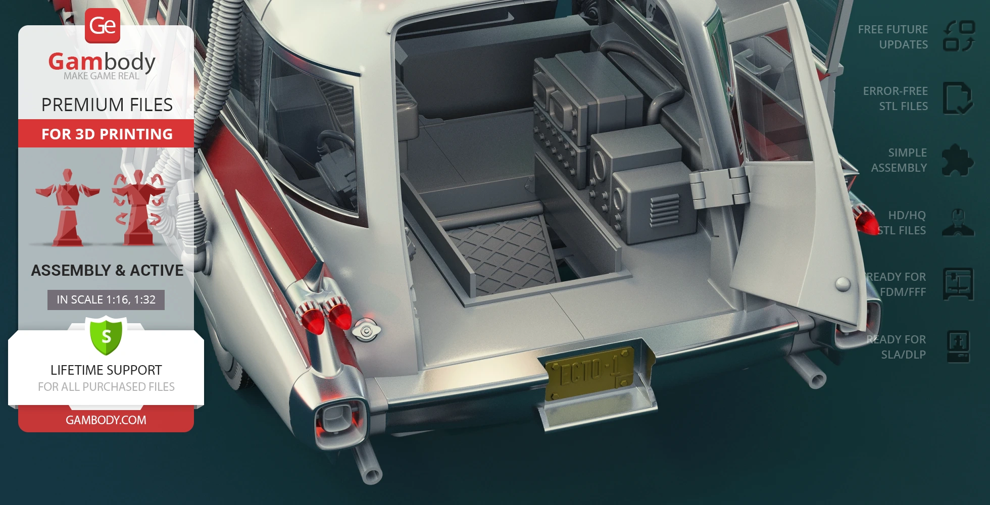 Ecto-1 vehicle model for 3D printing, featuring an open rear compartment with detailed interior elements.
