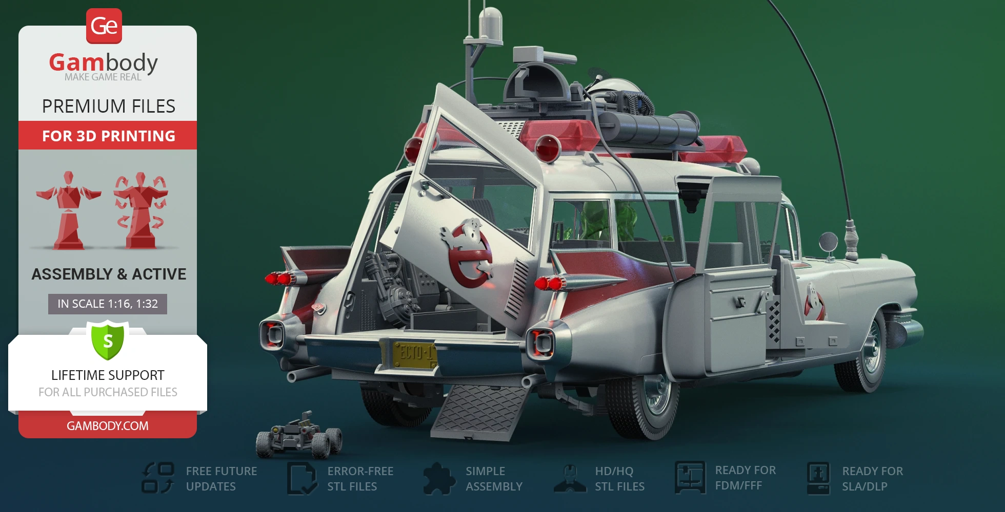 Ecto-1 Ghostbusters car model with open doors, detailed for 3D printing by Gambody.