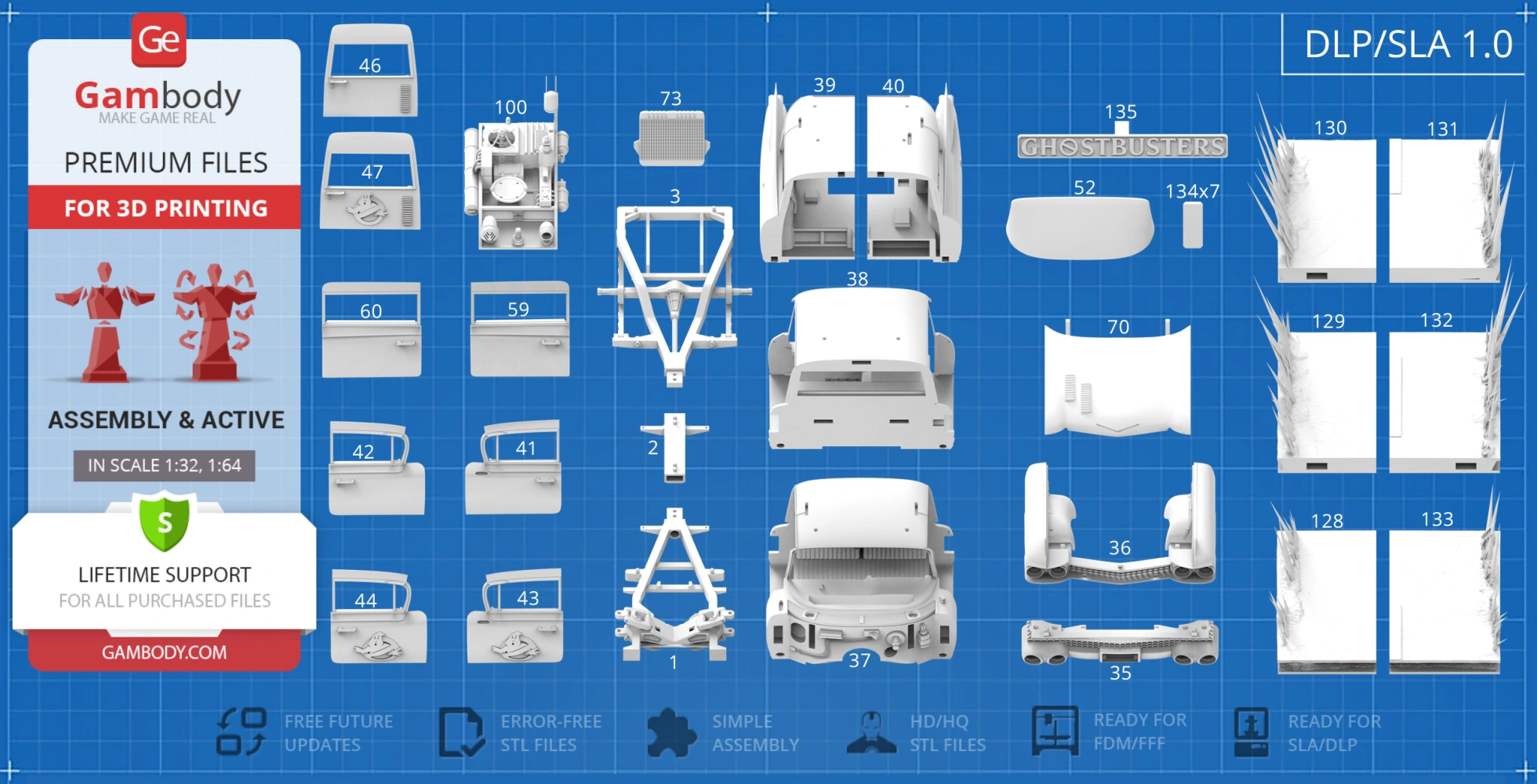 Blueprint of 3D printable Ghostbusters Ecto-1 parts, including doors, hood, and car body sections.