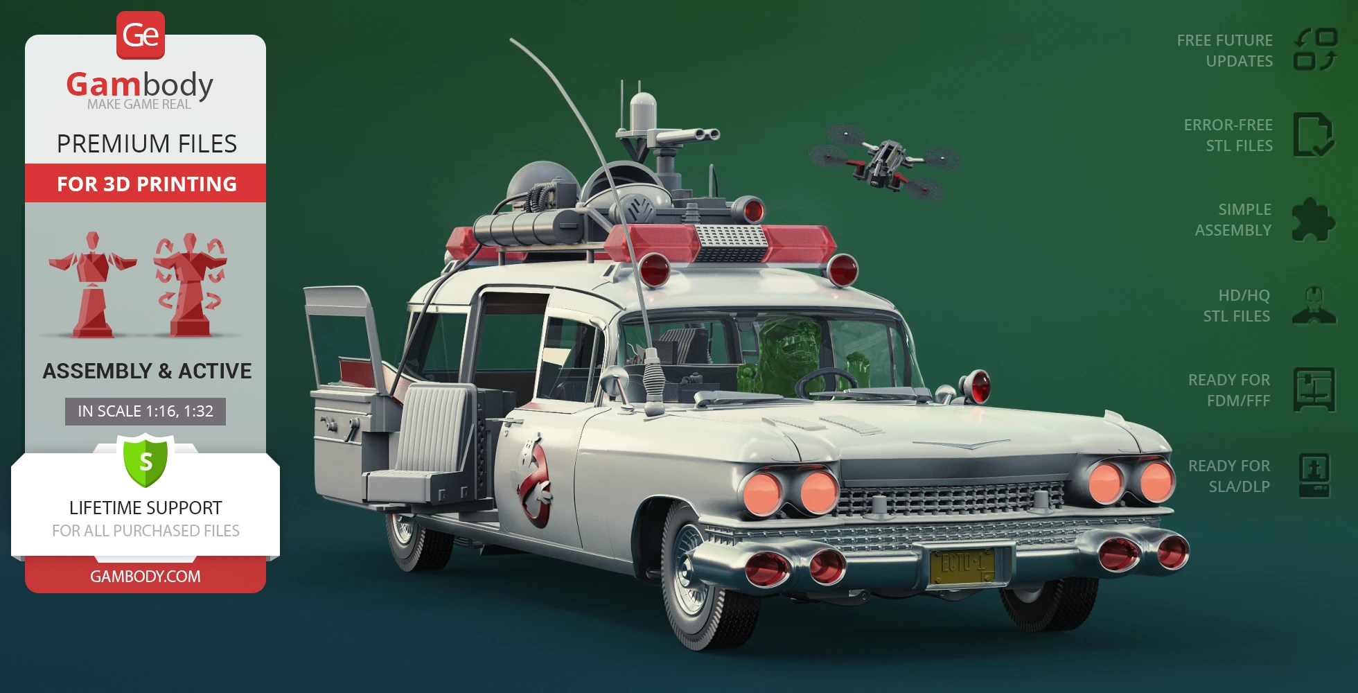 A detailed 3D model of the Ecto-1 Ghostbusters car with equipment on top, ready for 3D printing.