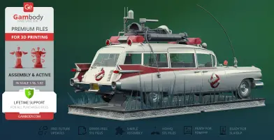 Ecto-1 model from Ghostbusters, equipped with rooftop gear and Ghostbusters logos, ready for 3D printing.