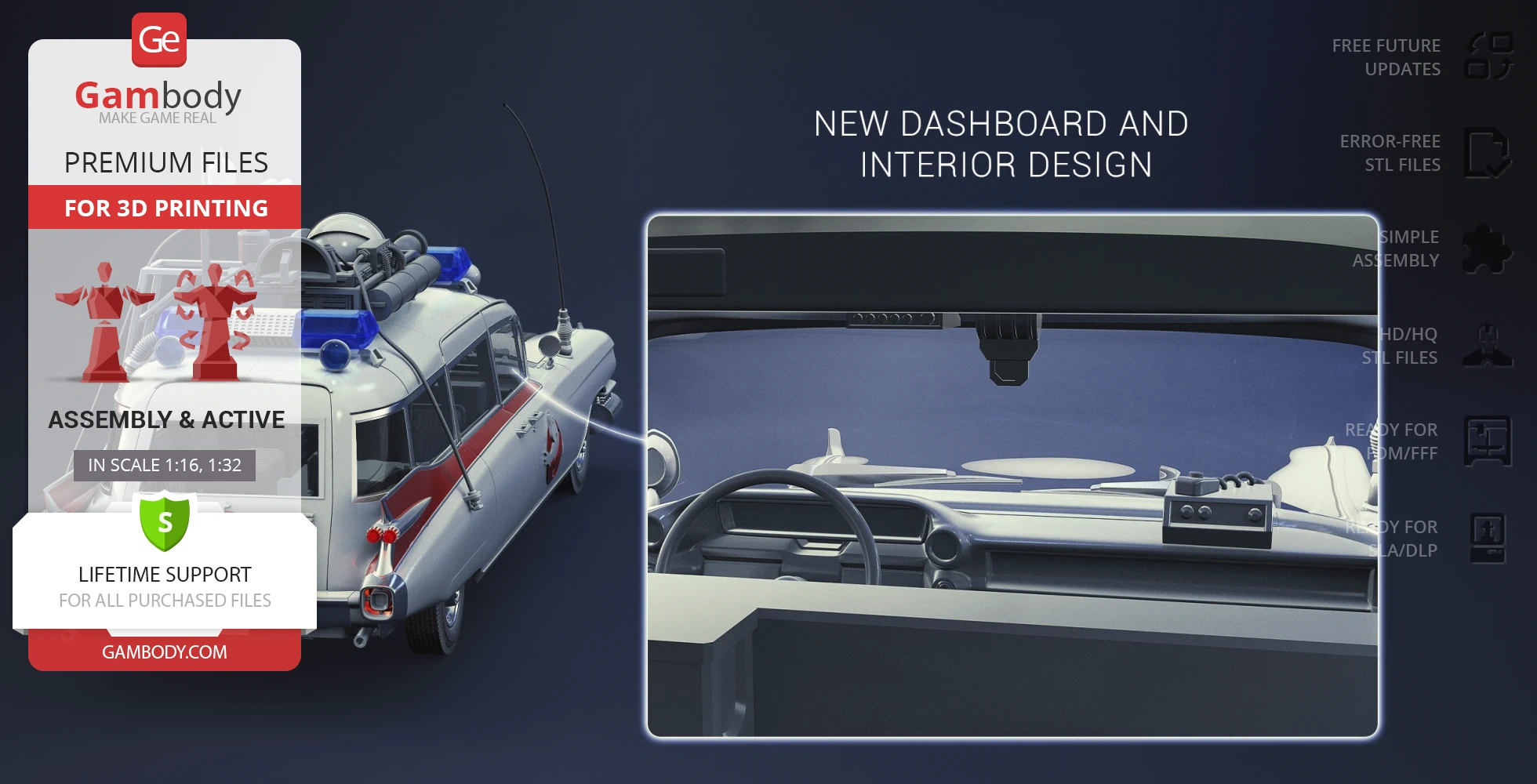 Ecto-1 3D model with detailed dashboard and interior design, ready for 3D printing.