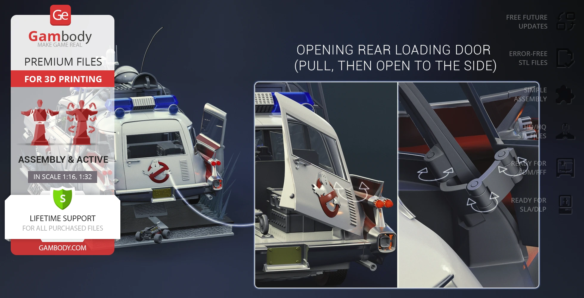 3D model of Ghostbusters Ecto-1 car with detailed assembly instructions and rear door mechanism.