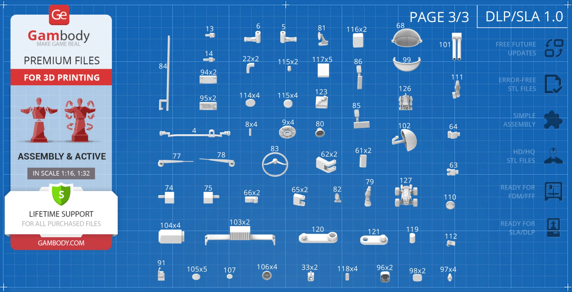 Blueprint-style layout of numbered 3D parts for the Ecto-1 Frozen Empire model.
