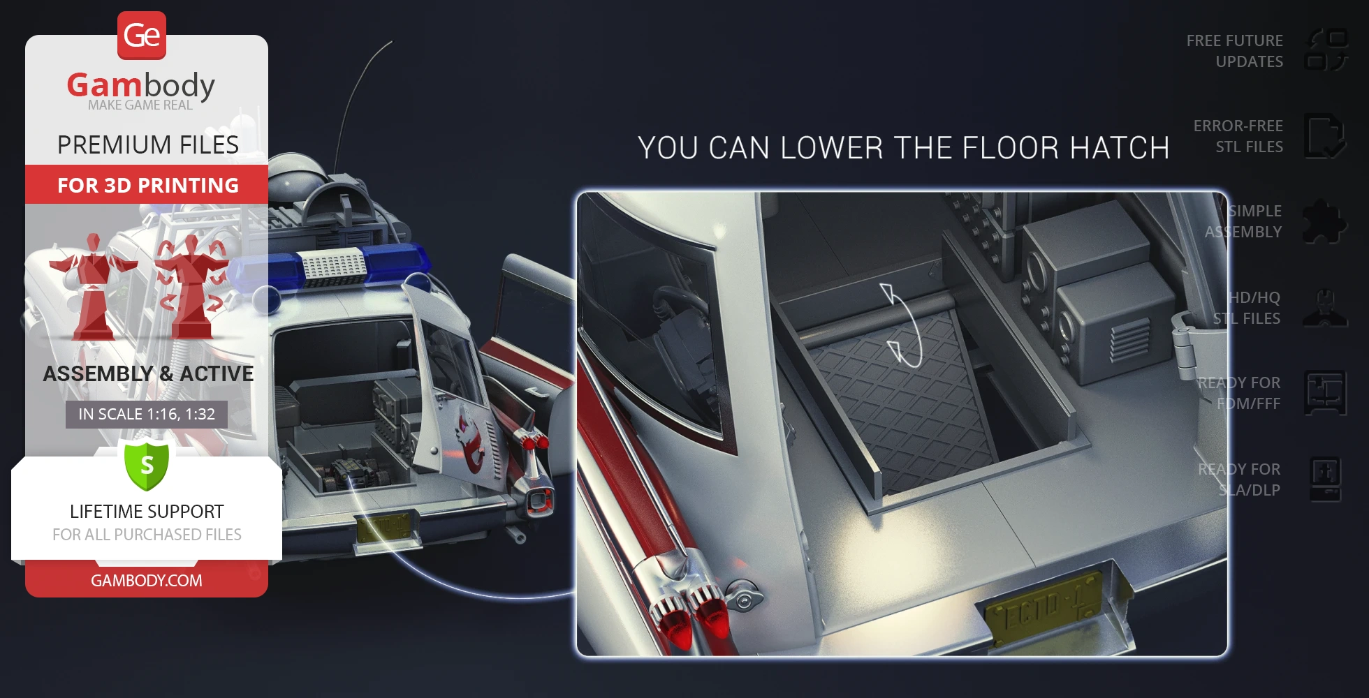 3D model of Ecto-1 from Ghostbusters with open hatch, showing interior details, for 3D printing.