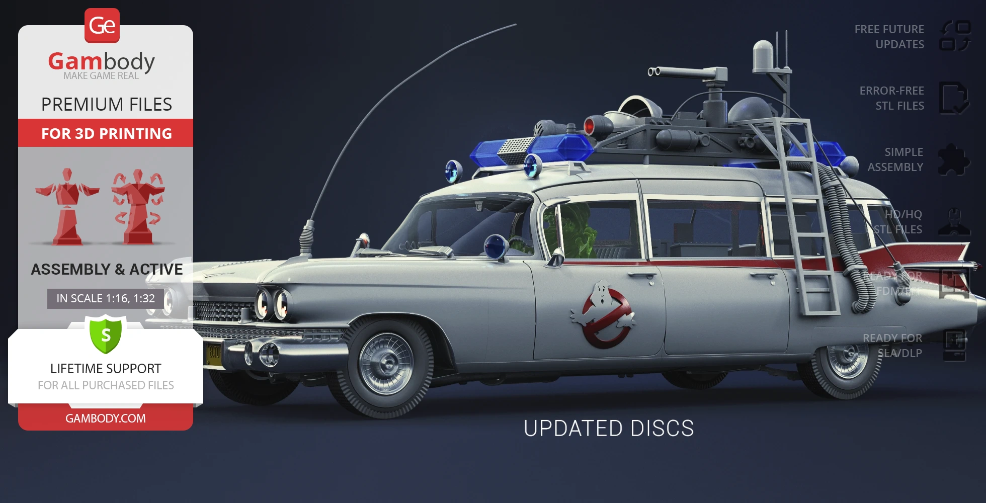 Classic Ghostbusters Ecto-1 model for 3D printing with roof equipment and decal details.