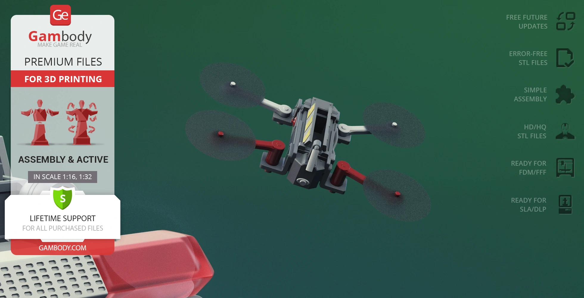 A digitally rendered drone model with four rotors, displayed on a green background with a Gambody promo banner.