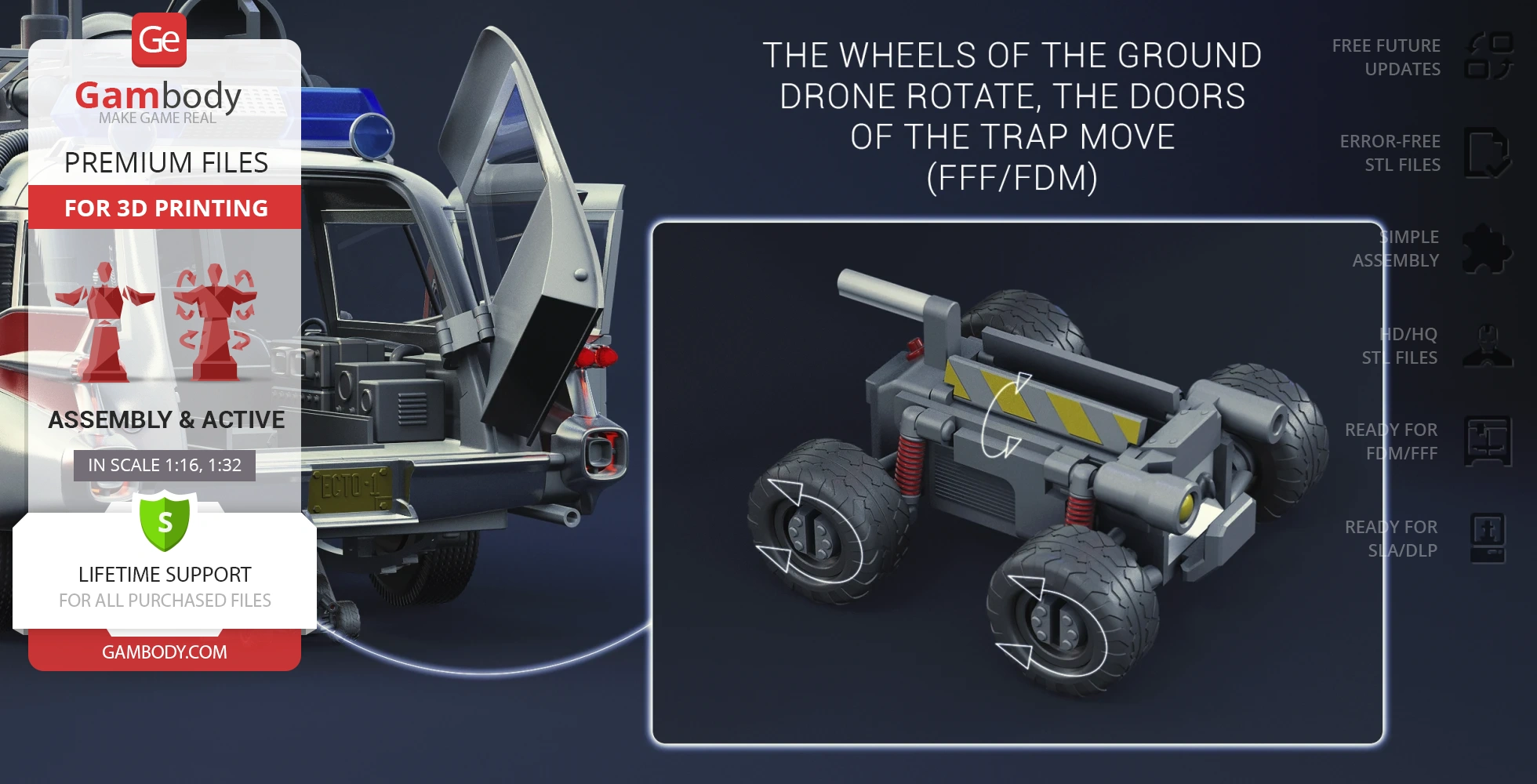 3D model of Ecto-1 car from Ghostbusters with movable parts for 3D printing, including rotating wheels.