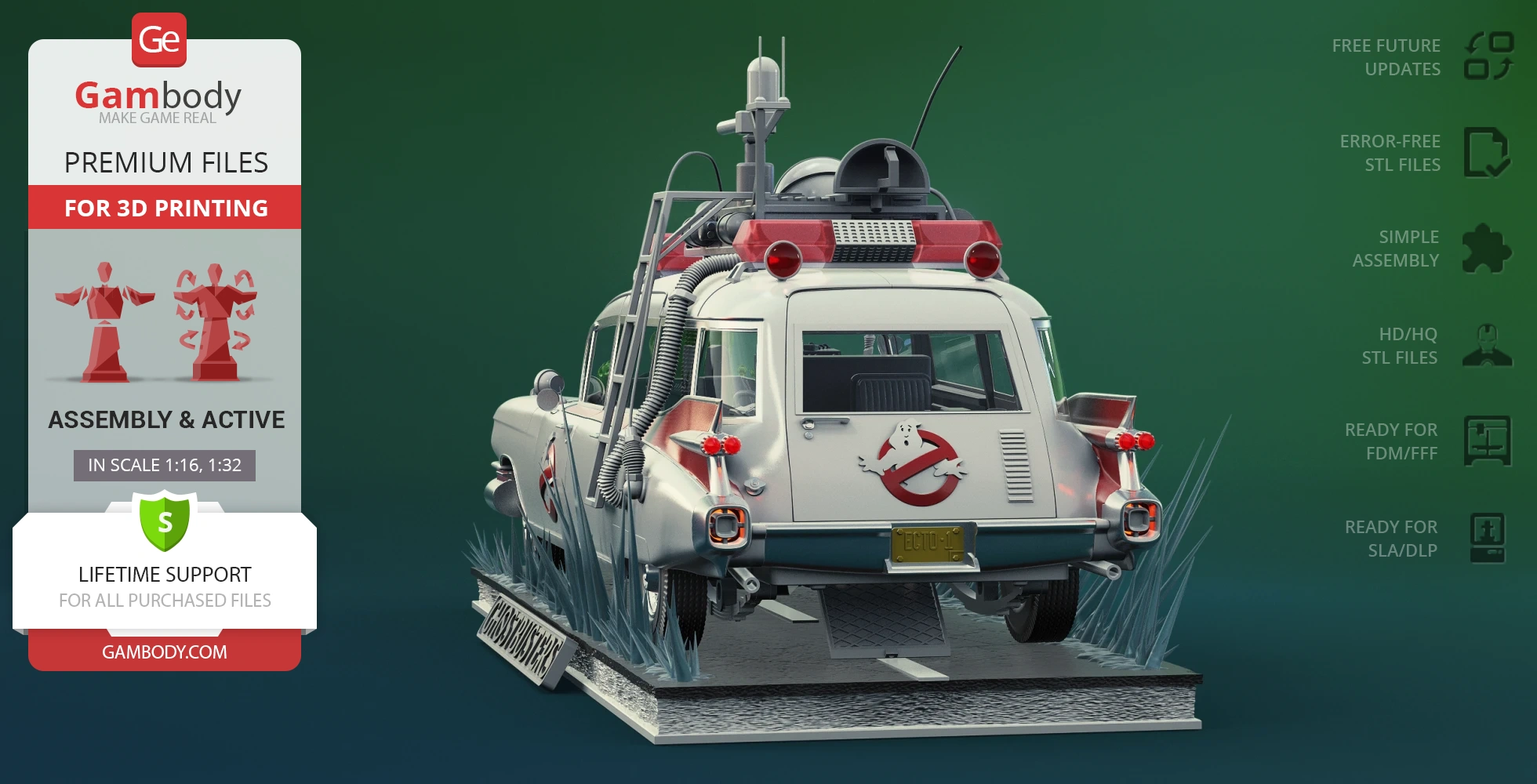 A detailed 3D model of the Ghostbusters' Ecto-1 car, with equipment on top and icy elements around the wheels.
