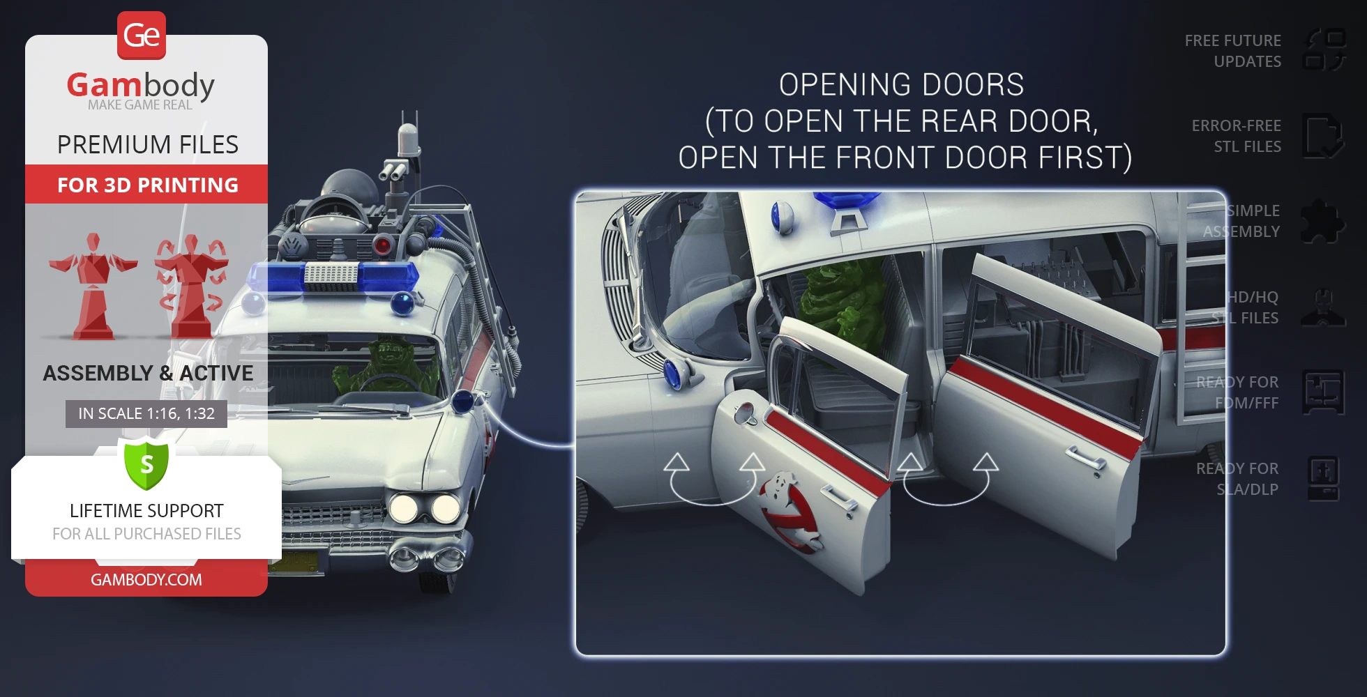 3D model of Ecto-1 from Ghostbusters, with openable doors, ideal for 3D printing.