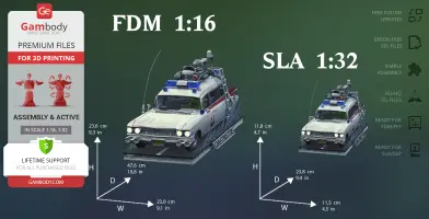3D model of Ecto-1 from Ghostbusters, shown in scales 1:16 and 1:32 for 3D printing.