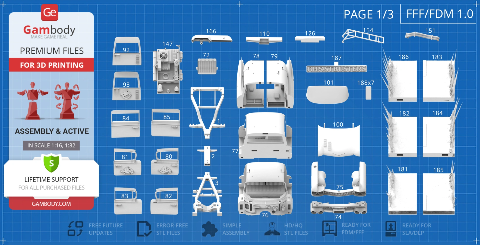 Blueprint of Ecto-1 3D model parts for printing, showing various numbered components and assembly instructions.