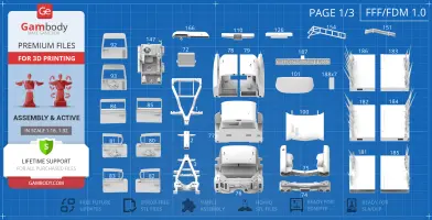 Blueprint of Ecto-1 3D model parts for printing, showing various numbered components and assembly instructions.