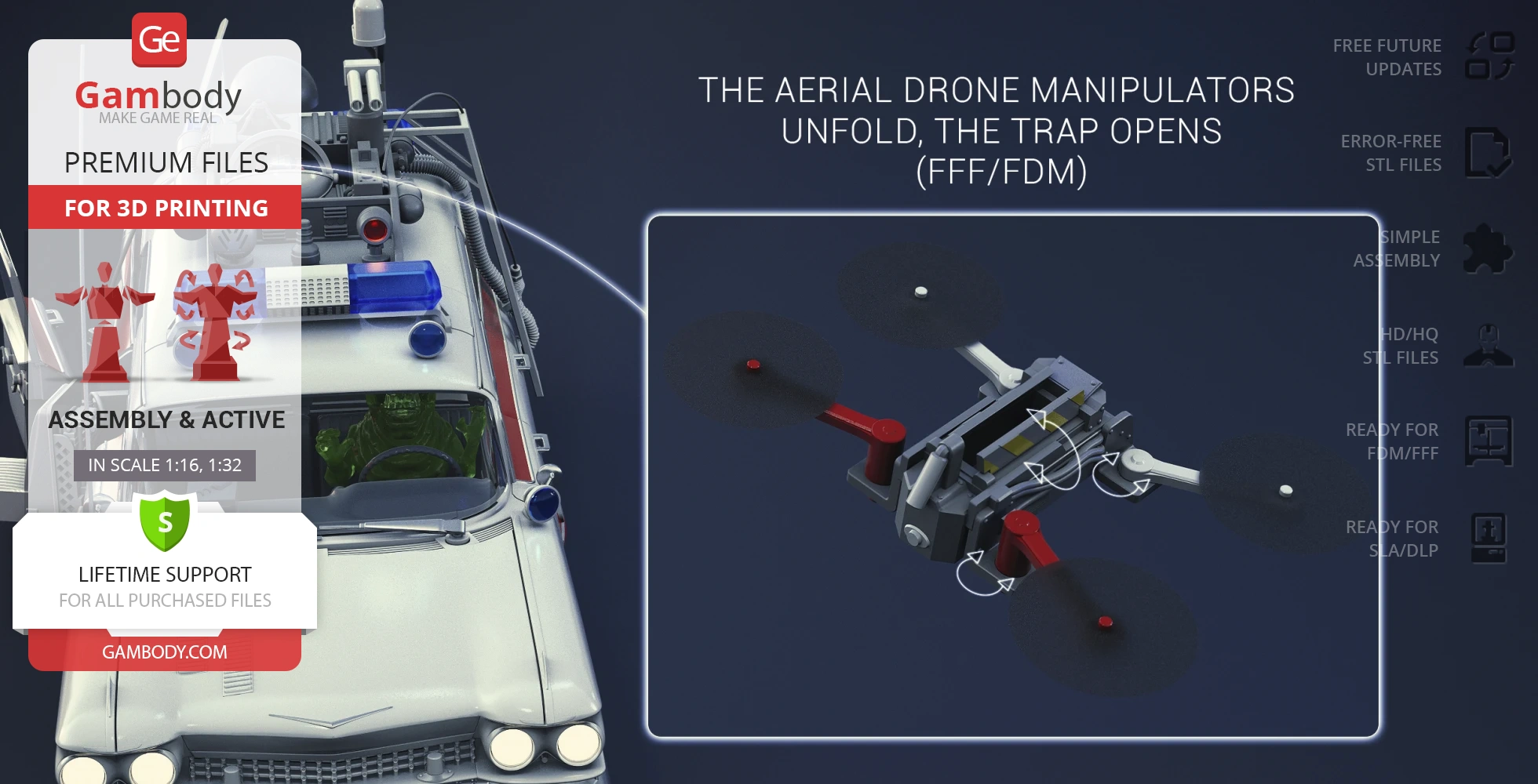 Ecto-1 model with drone trap mechanism, premium Ghostbusters 3D print files, includes detailed assembly guide.