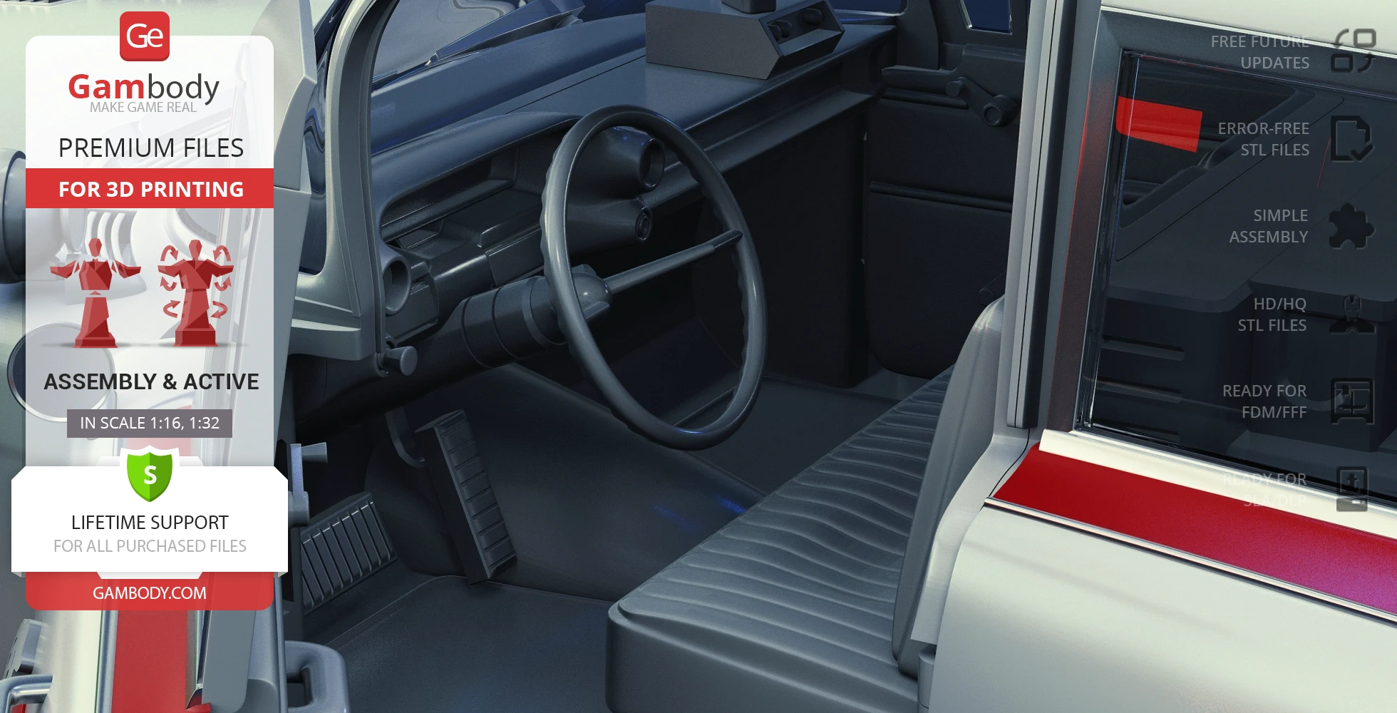 Interior of Ecto-1 vehicle model for 3D printing, showcasing detailed dashboard and steering wheel.