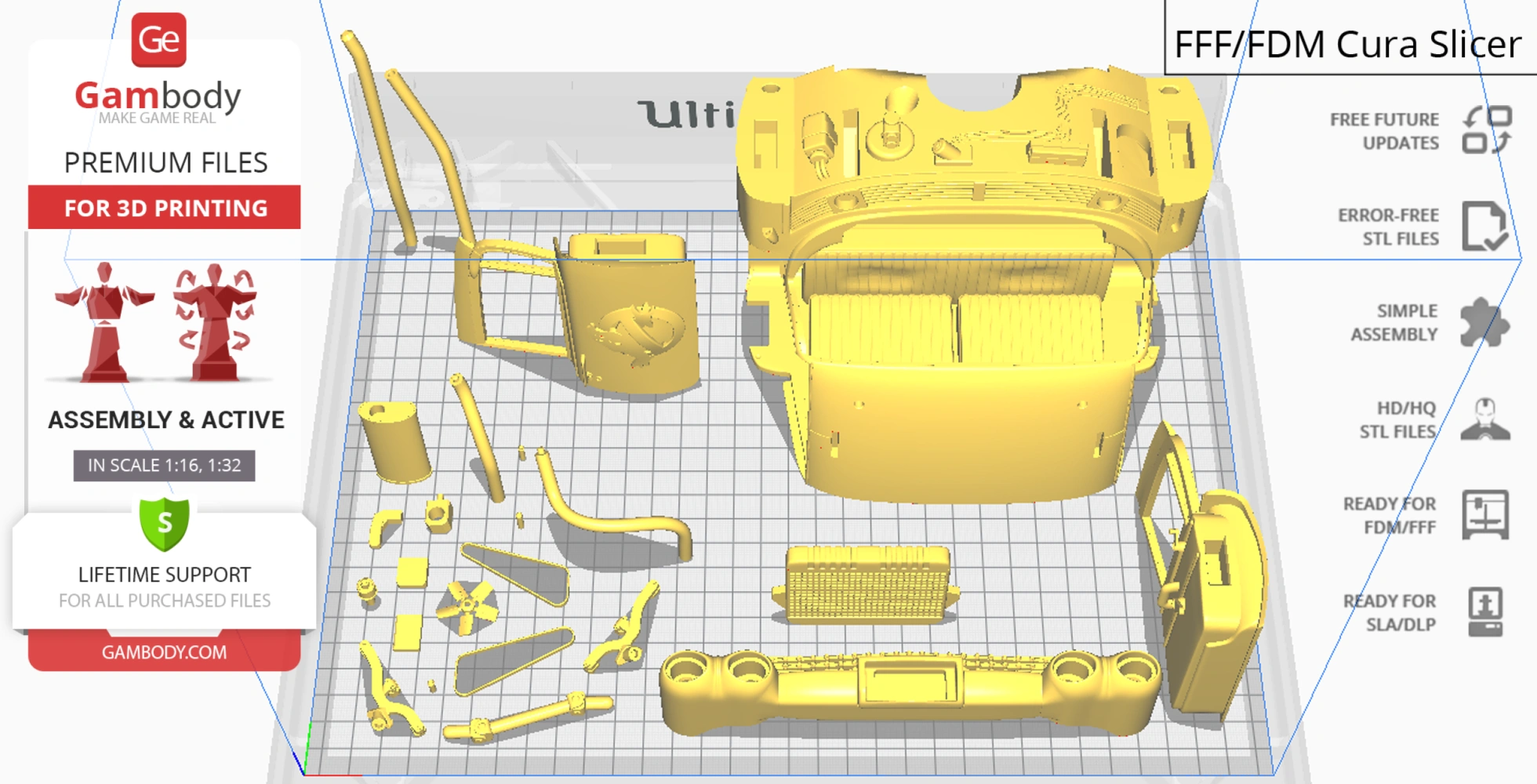 Ghostbusters' Ecto-1 car parts for 3D printing, displayed in a slicing software layout.