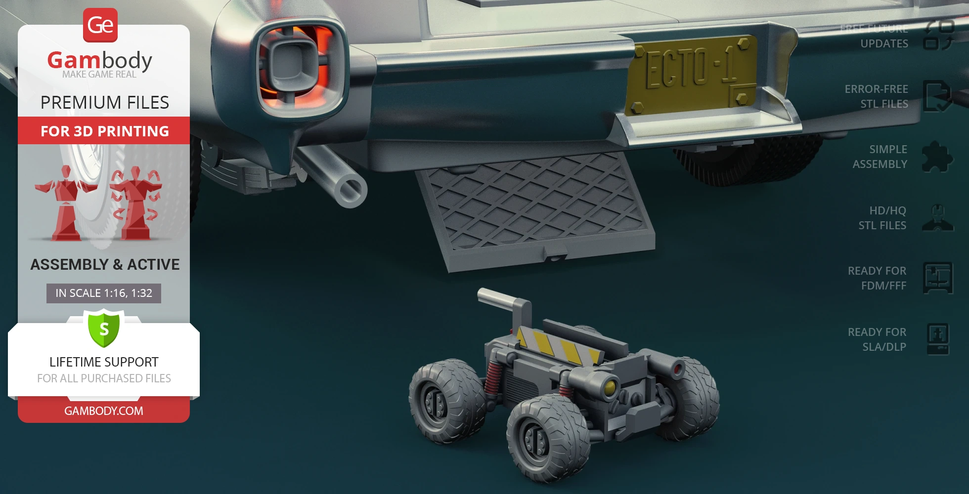 Rear view of 3D-printed Ecto-1 model with a small wheeled accessory.