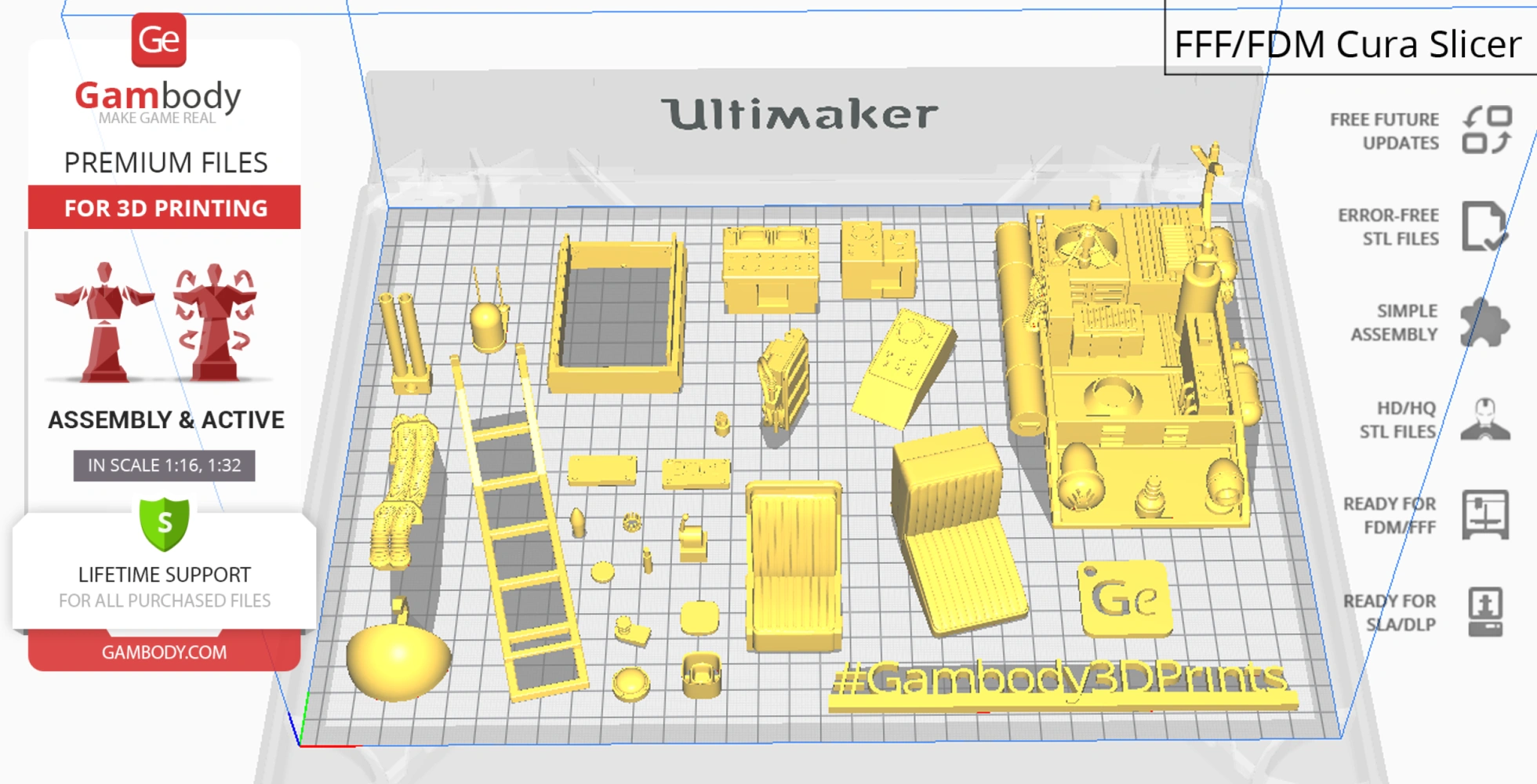 Layout of yellow 3D-printed parts for the Ecto-1 model from Ghostbusters, designed for easy assembly.