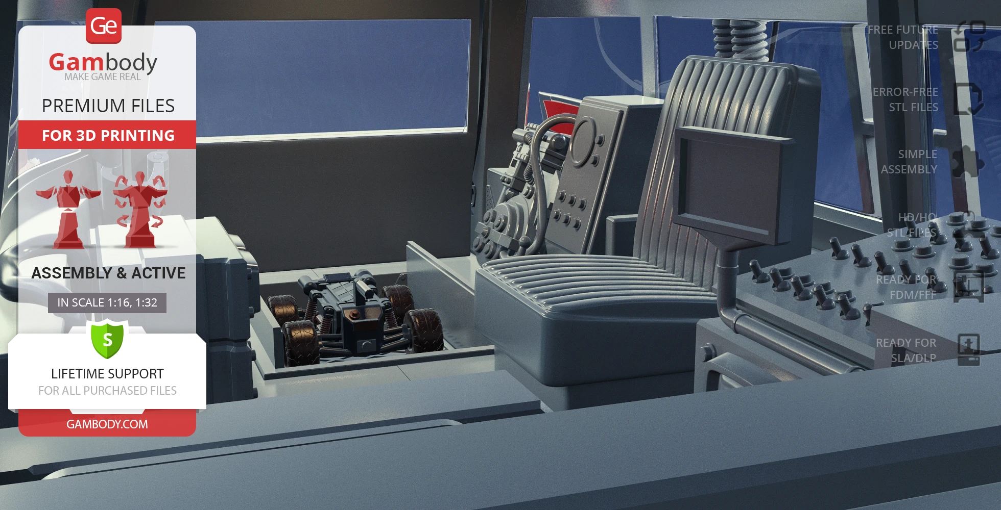 Detailed interior view of Ecto-1 model showcasing control panels and seats for 3D printing design.